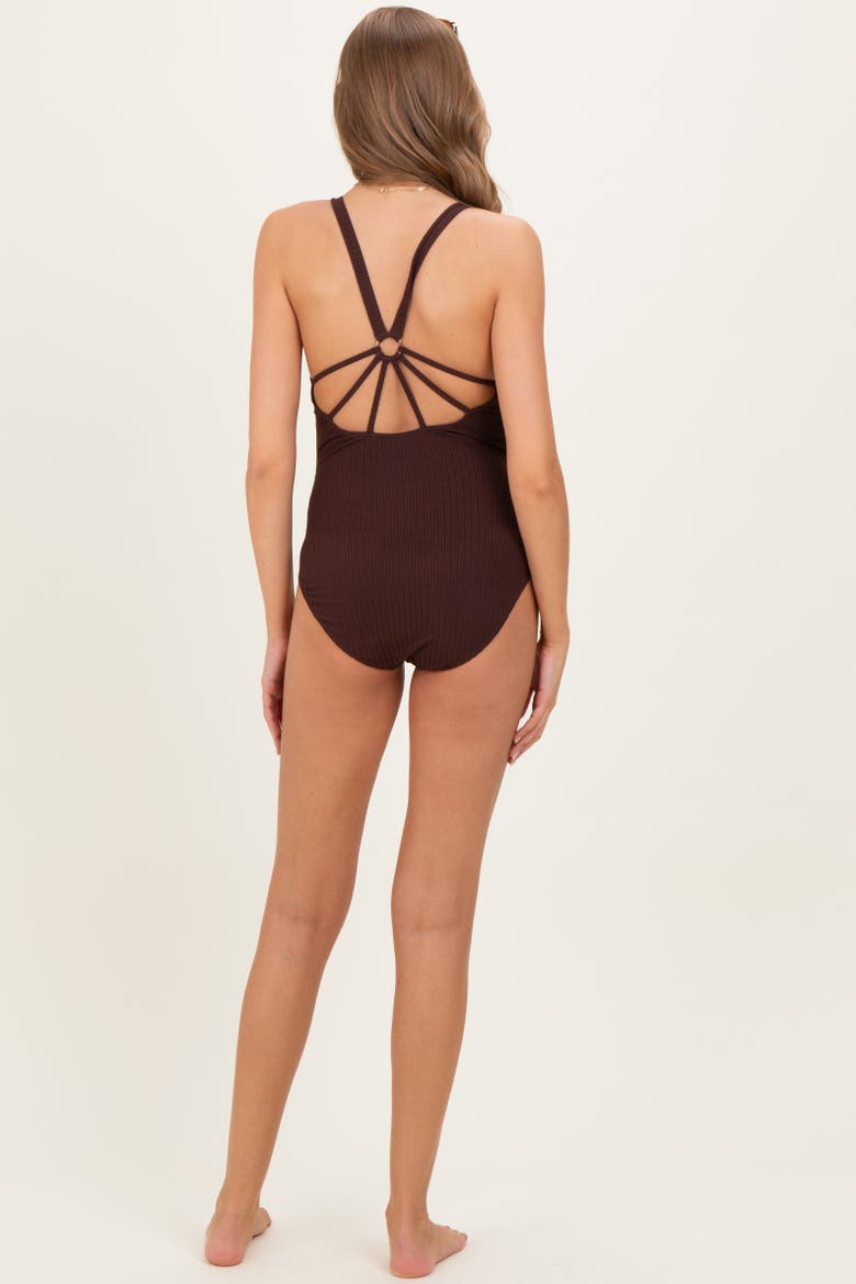 O-Ring Strappy Back Swimsuit, Alternate, color, Brown