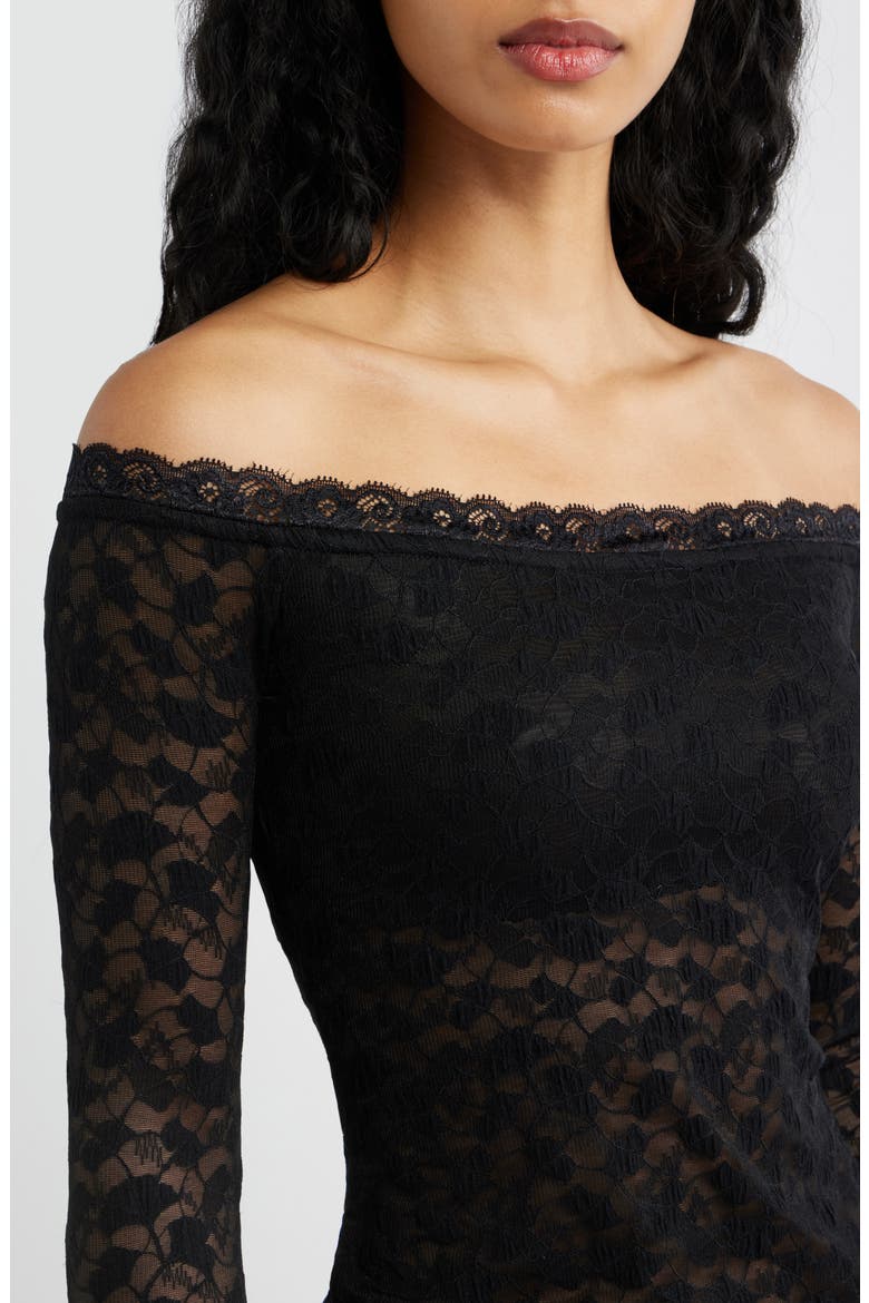 Mochapella Lace Off the Shoulder Top, Alternate, color, BLACK