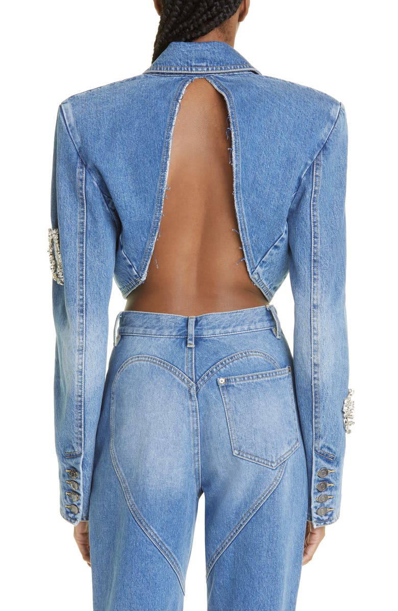 Area Distressed Crystal Detail Crop Denim Blazer, Alternate, color, 