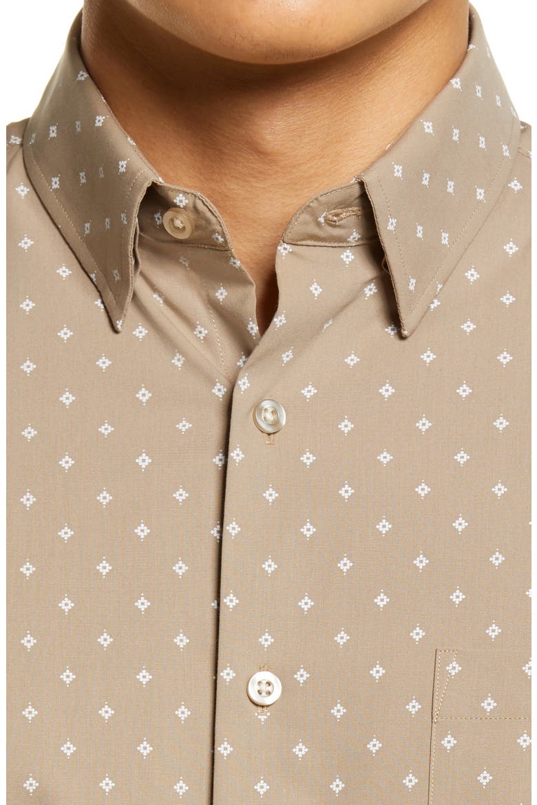 Tech-Smart Diamond Print Short Sleeve Button-Up Shirt, Alternate, color, TAN - WHITE FOULARD