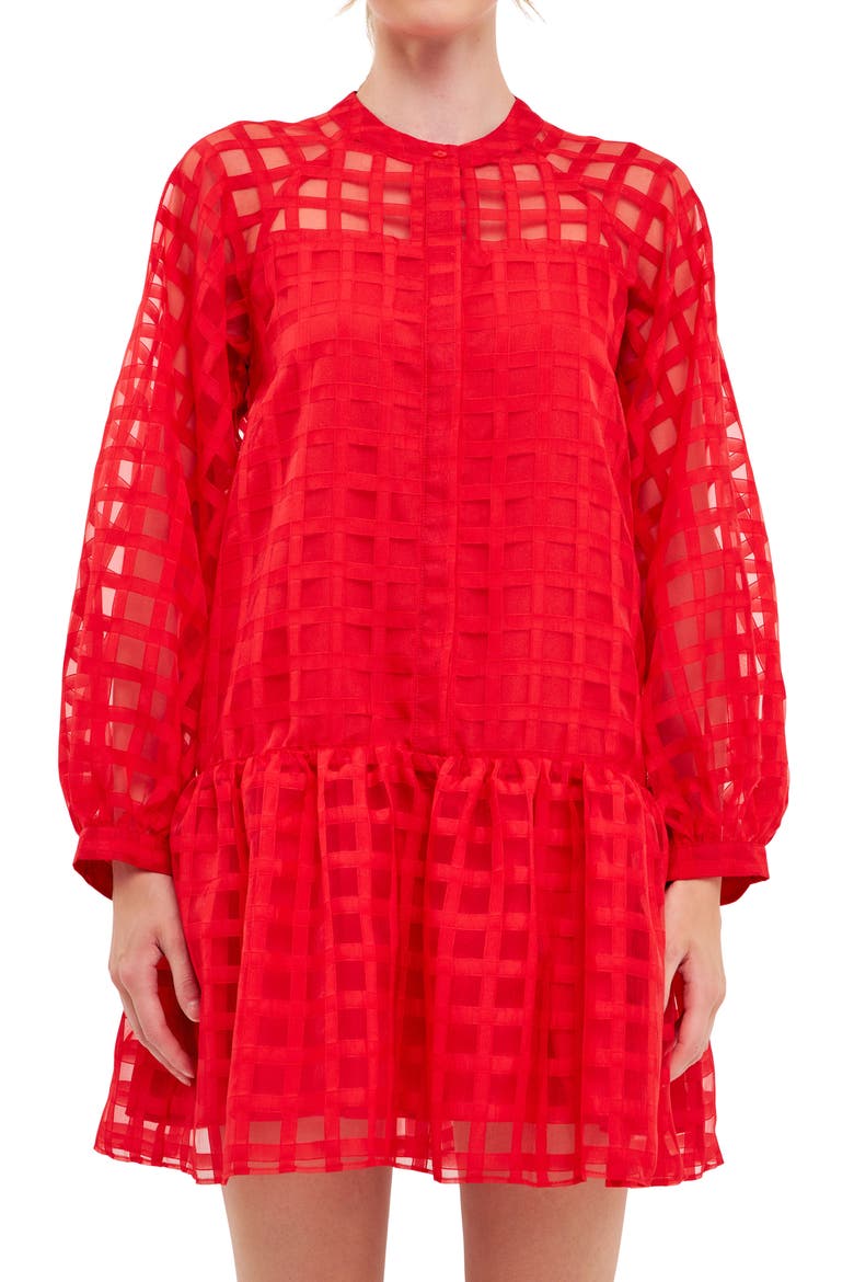 Check Long Sleeve Organza Dress, Alternate, color, RED