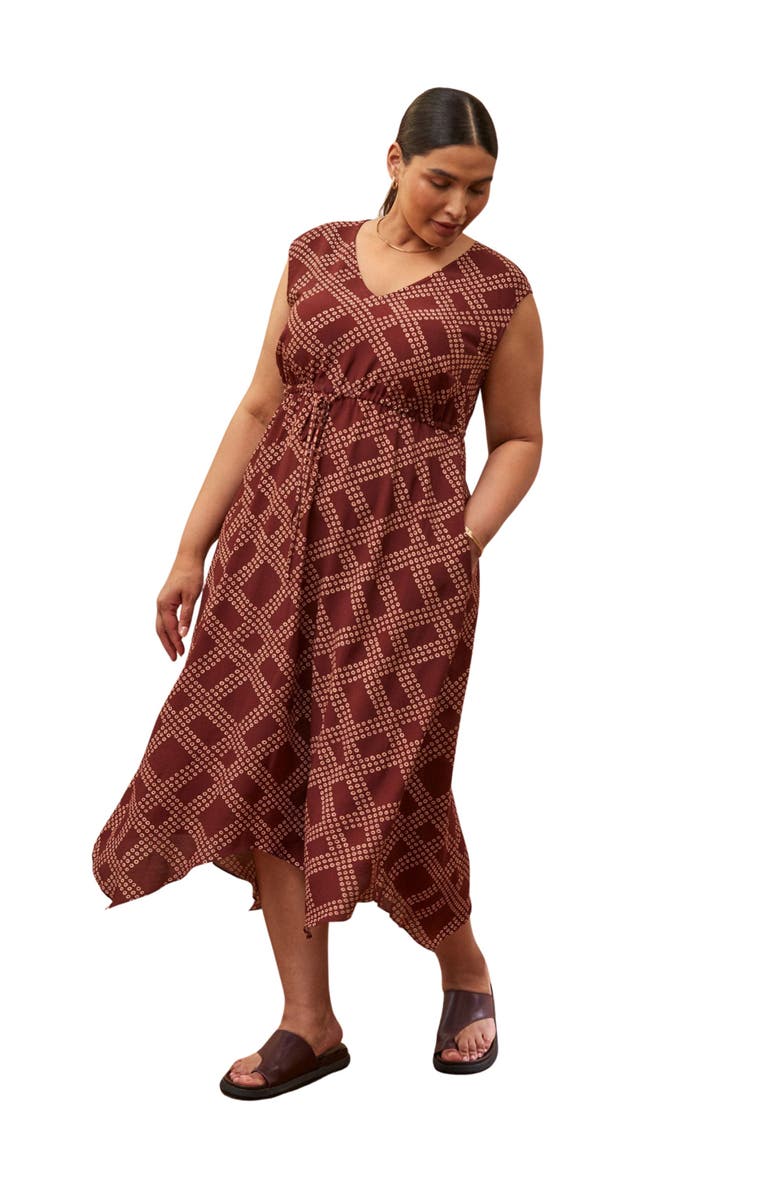 Live Unlimited Geo Print V-Neck Hanky Hem Dress, Main, color, Brown