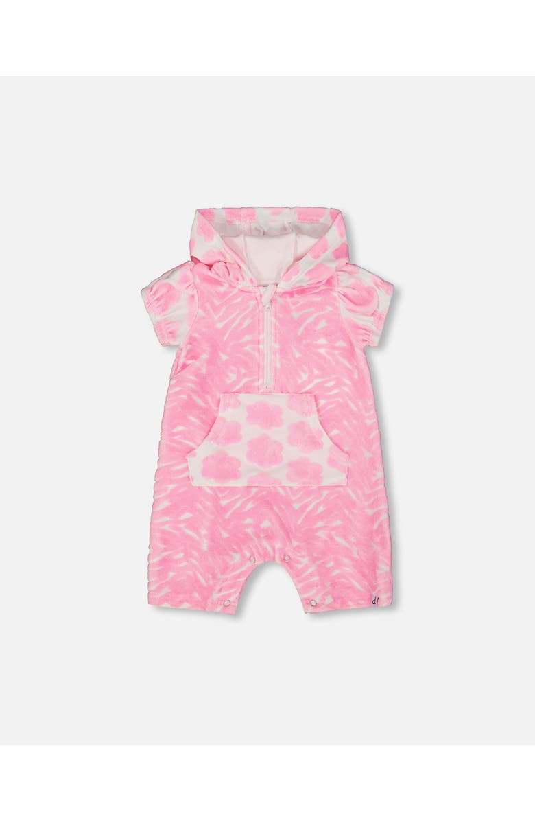 Deux par Deux Baby Girl's Printed Terry Romper With Hood Vibrant Pink And White, Main, color,
