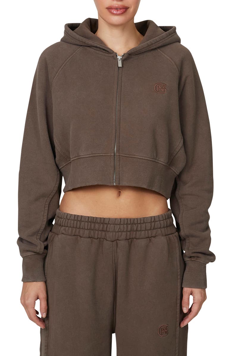 Good For Nothing Ribbed Emblem Crop Zip Hoodie, Main, color, Brown