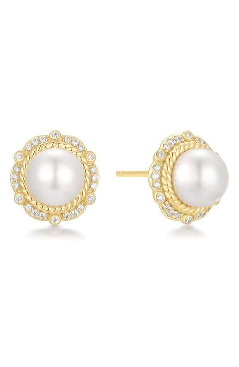 Faux Pearl & Pavé Button Earrings