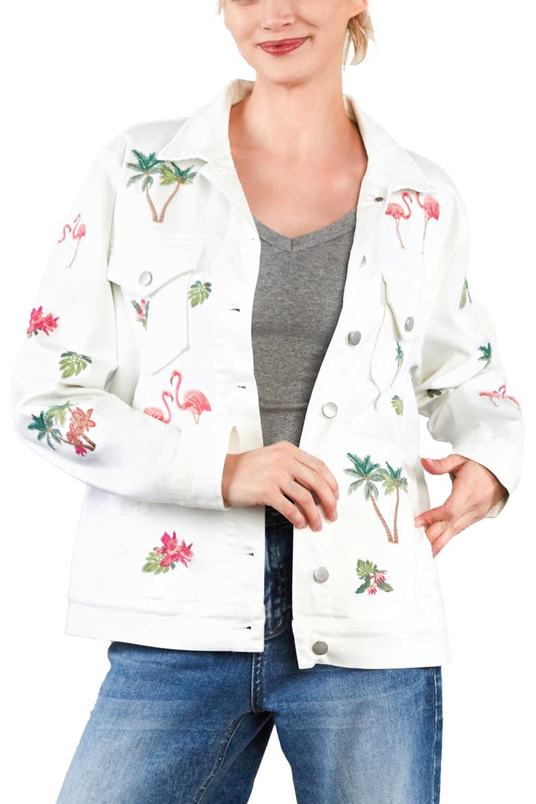 Flamingo Embroidery Denim Trucker Jacket, Alternate, color, MARSHMALLOW