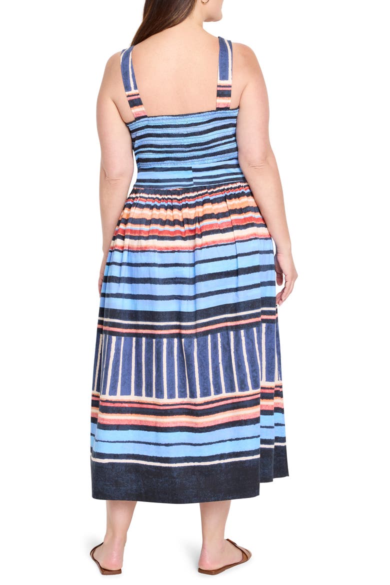 Sophie Painted Peninsula Mixed Stripe Stretch Cotton Midi Dress, Alternate, color, BLUE MULTI