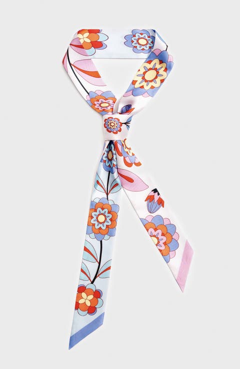 Silk Skinny Scarf Pink Garden