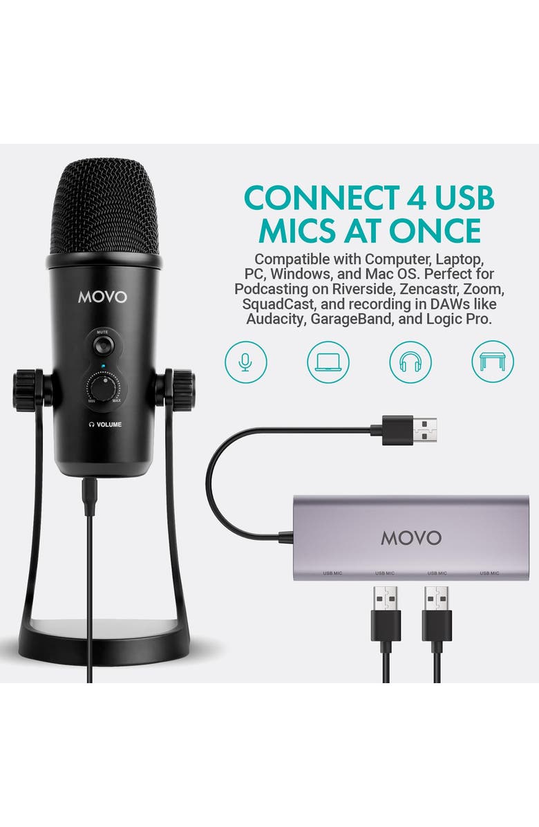 MOVO USB Podcast Equipment Bundle for 2 with USB Interface with 2 Condenser Microphones, Alternate, color, Black