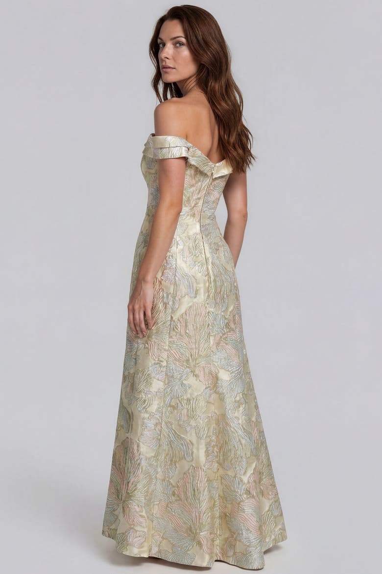Off The Shoulder Floral Jacquard Gown, Alternate, color, Sage