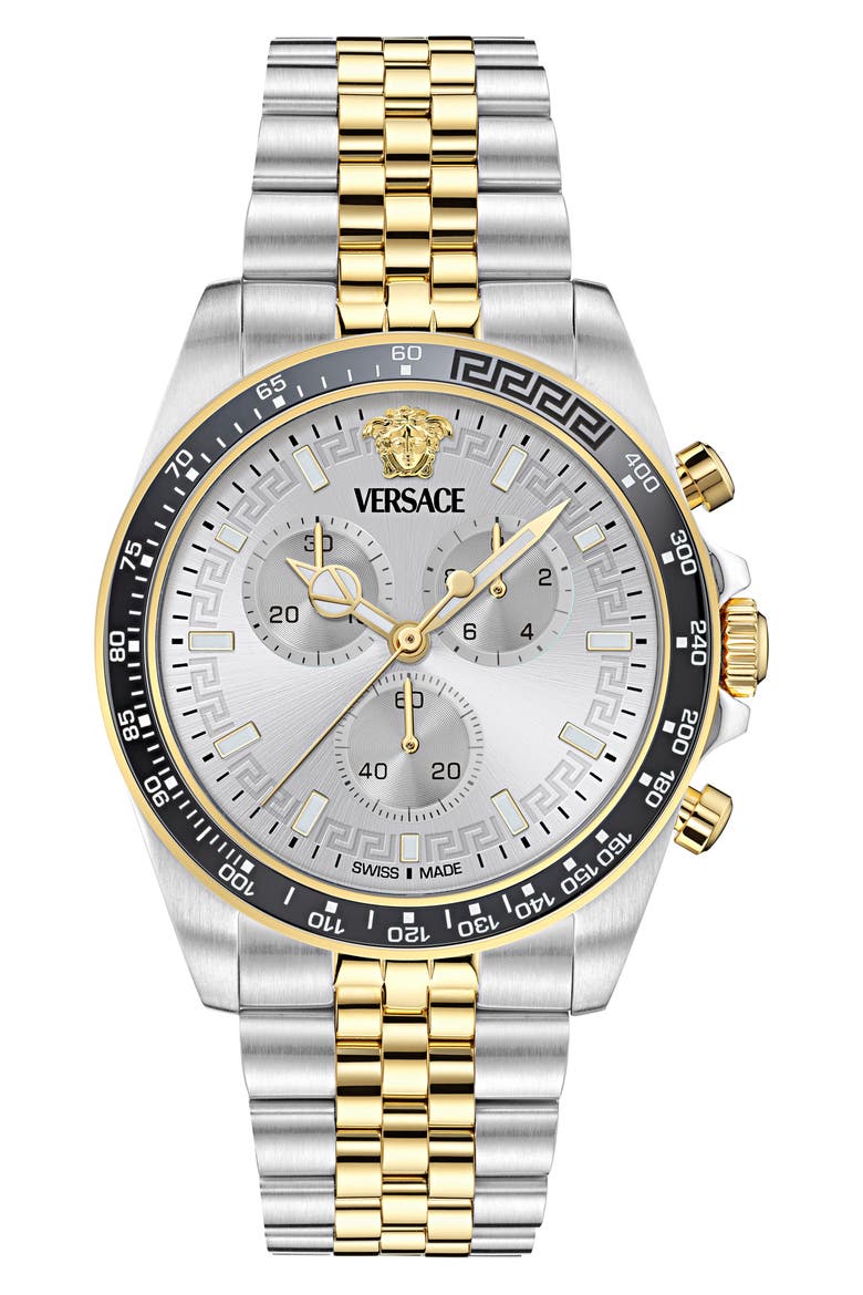 Greca Chronograph Wave Two-Tone Bracelet Watch, 43mm, Main, color, TWO TONE SILVER