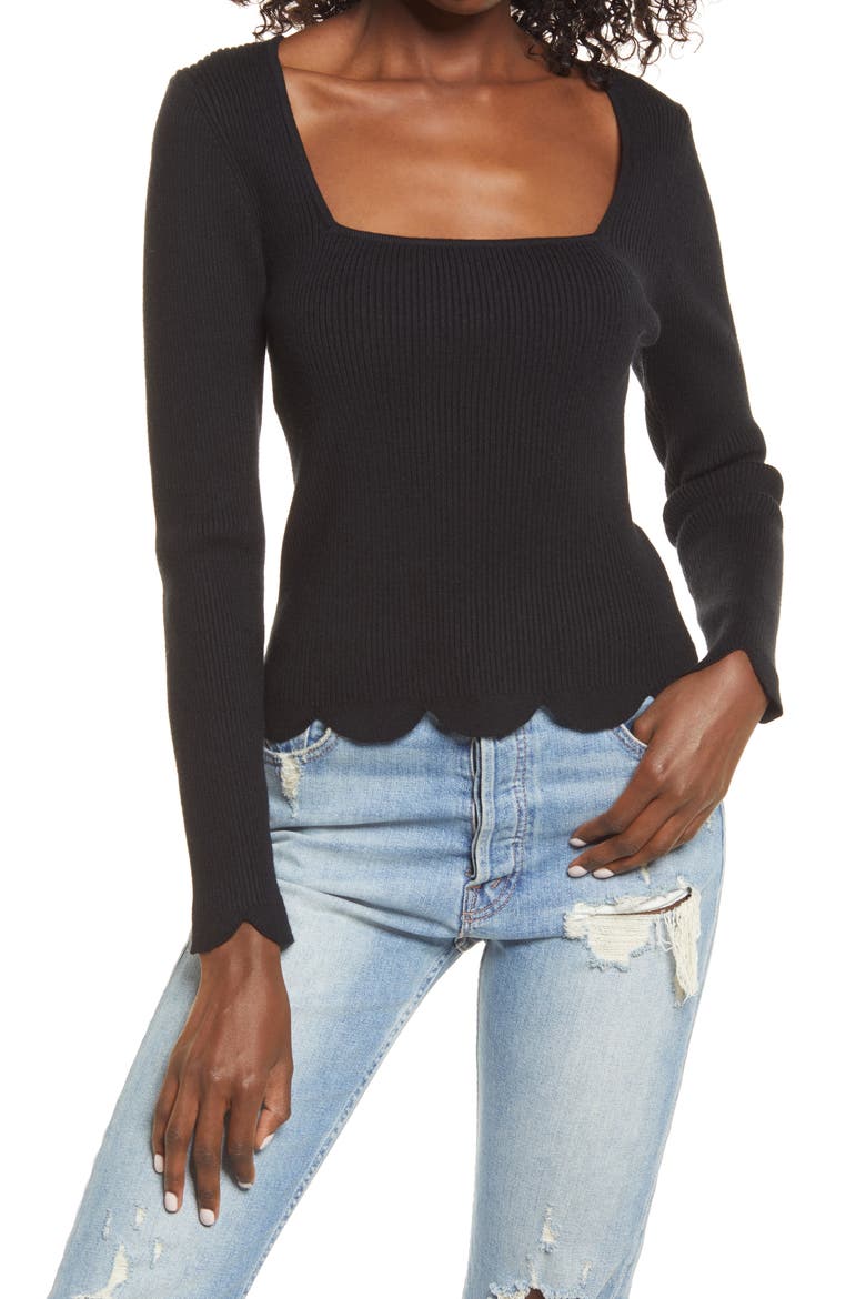Scallop Hem Sweater, Main, color, BLACK