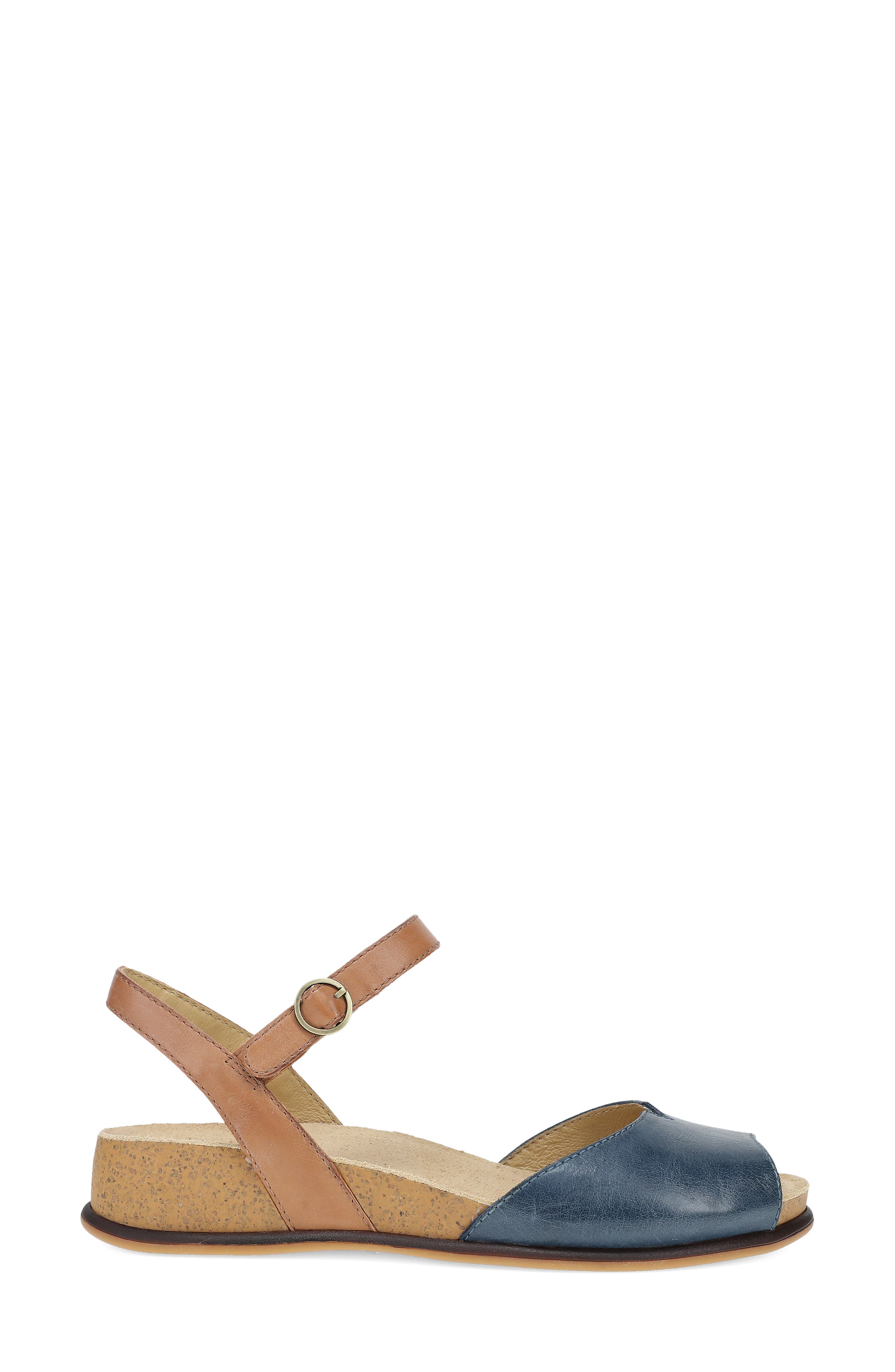 Cass Ankle Strap Peep Toe Wedge Sandal, Alternate, color, BLUE/ TAN