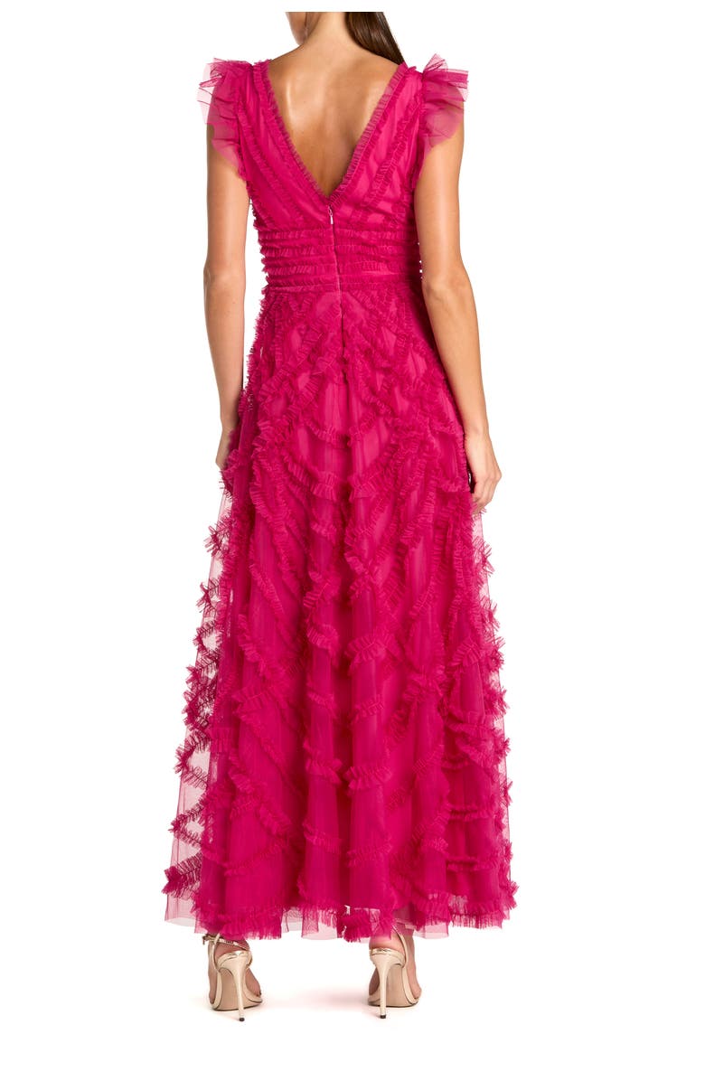 Mac Duggal V-Neck Cap Sleeve Ruffle Maxi Dress, Alternate, color, Fuchsia