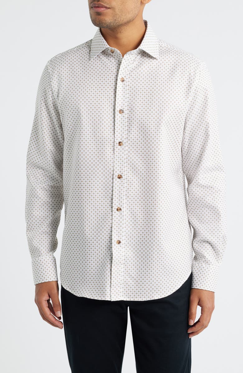 Bugatchi Axel Shaped Fit Geo Print Button-Up Shirt, Main, color, Camel