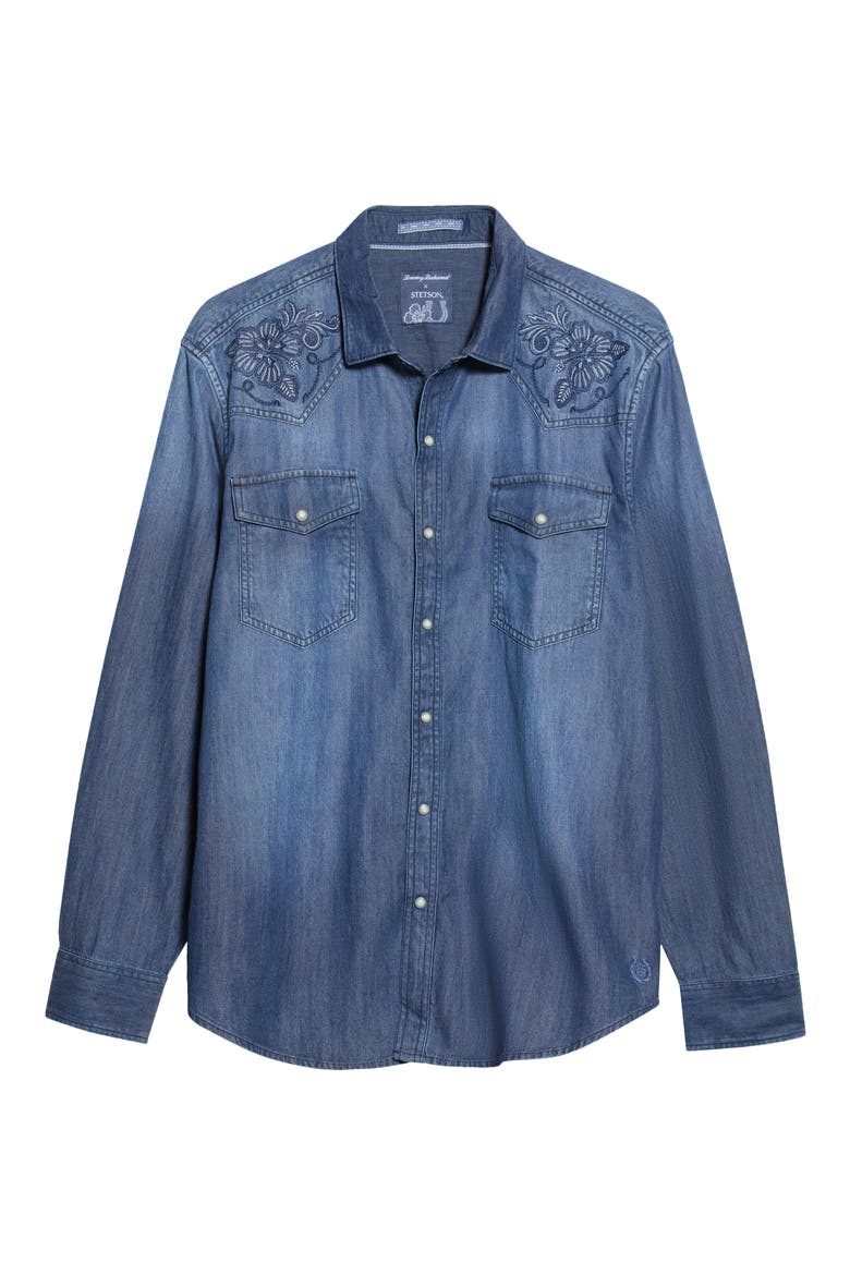 x Stetson Calypso Cowboy Embroidered Denim Snap-Up Western Shirt, Main, color, BLUE JEAN