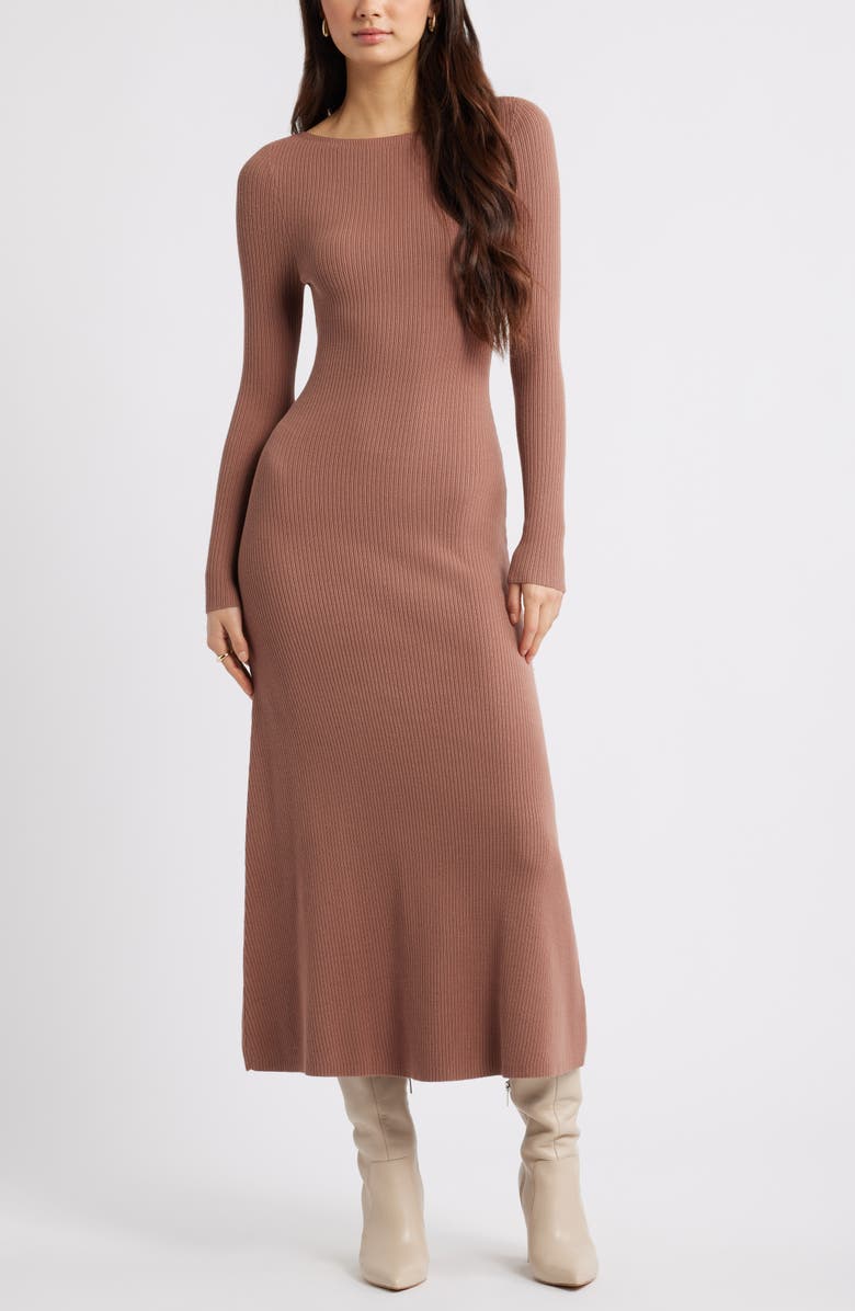 Open Edit Long Sleeve Rib Maxi Dress, Main, color, Brown Topaz