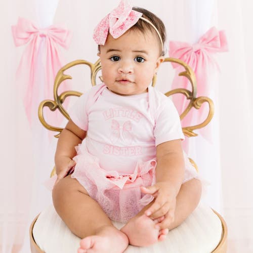 Sweet Wink Little Sister Bow Short Sleeve Bodysuit In Pink