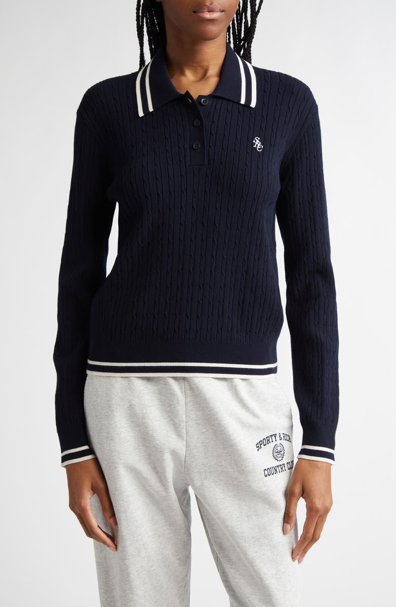 Sporty & Rich Cable Tipped Long Sleeve Polo Sweater, Main, color, 