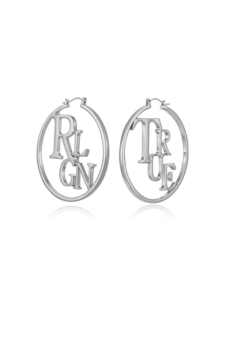 True Religion TrueRLGN Logo Hoop Earrings, Main, color, Silver Tone