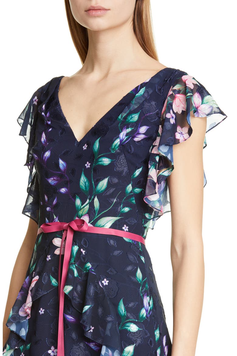 Floral Jacquard Chiffon Gown, Alternate, color, NAVY