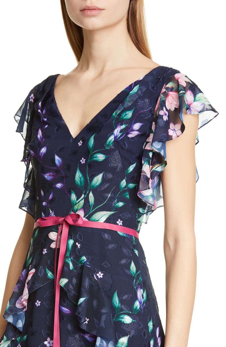 Marchesa Notte Floral Jacquard Chiffon Gown, Alternate, color,