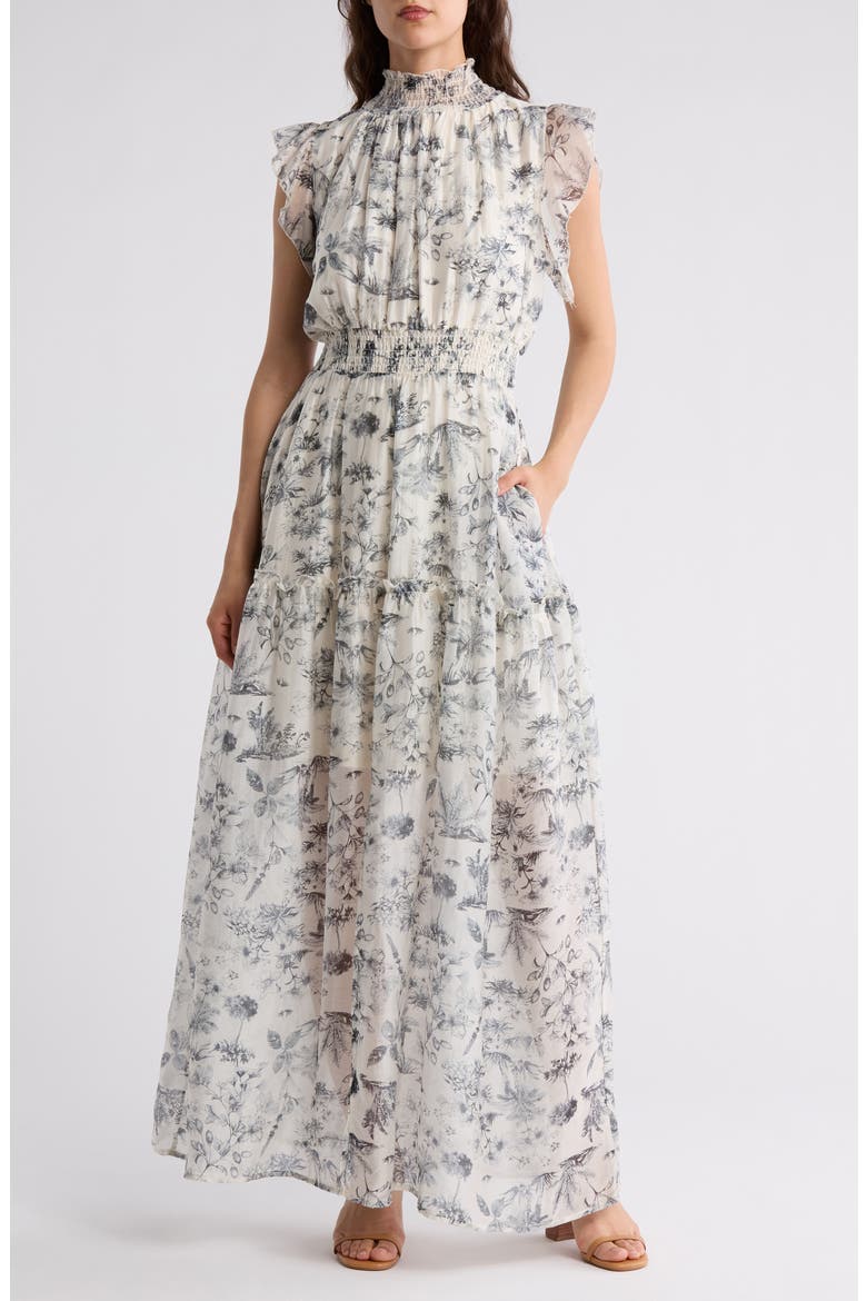 Floral Flutter Sleeve Maxi Dress, Main, color, WHITE BLACK