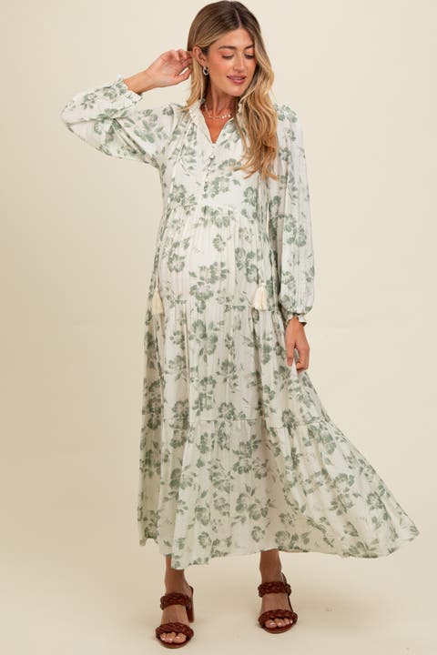 Floral Button Front Tiered Long Sleeve Maxi Dress