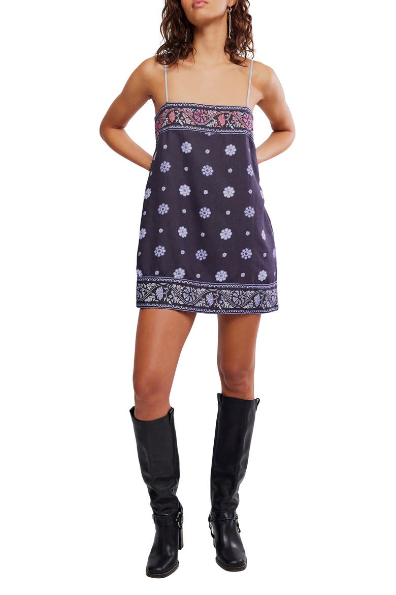 Bali Embroidery Border Floral Minidress, Main, color, INDIGO COMBO
