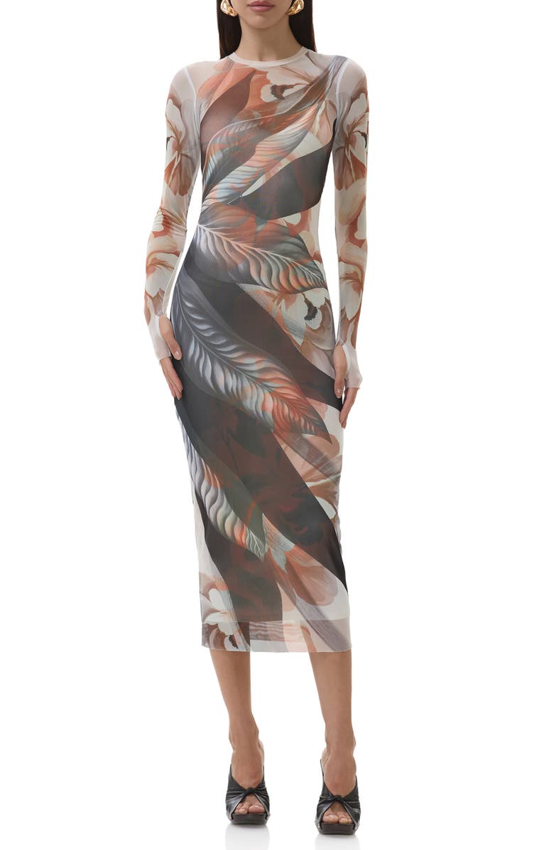 AFRM Ashland Print Long Sleeve Mesh Midi Dress, Main, color, Noir Leaf Lotus