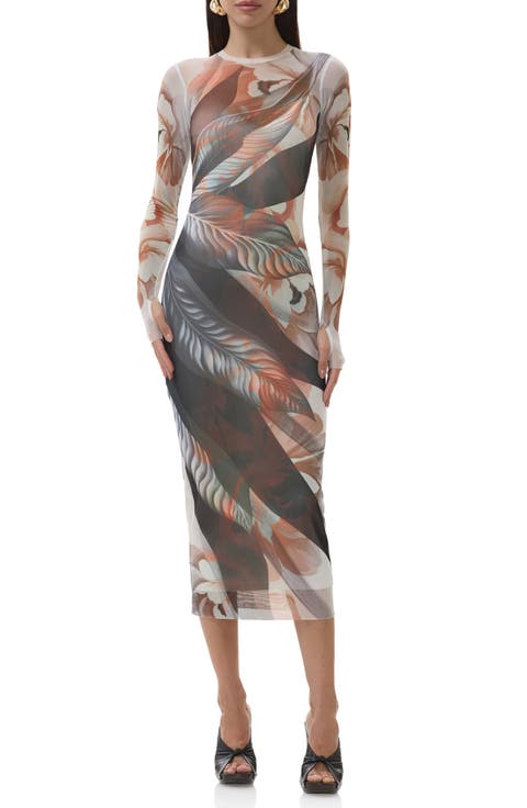 Ashland Print Long Sleeve Mesh Midi Dress
