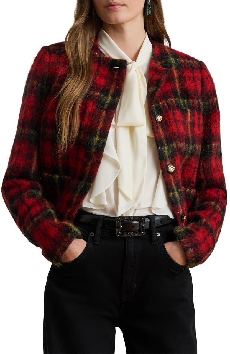 Lauren Ralph Lauren Plaid Crop Jacket, Main, color, Red/ Black/ Yellow Multi