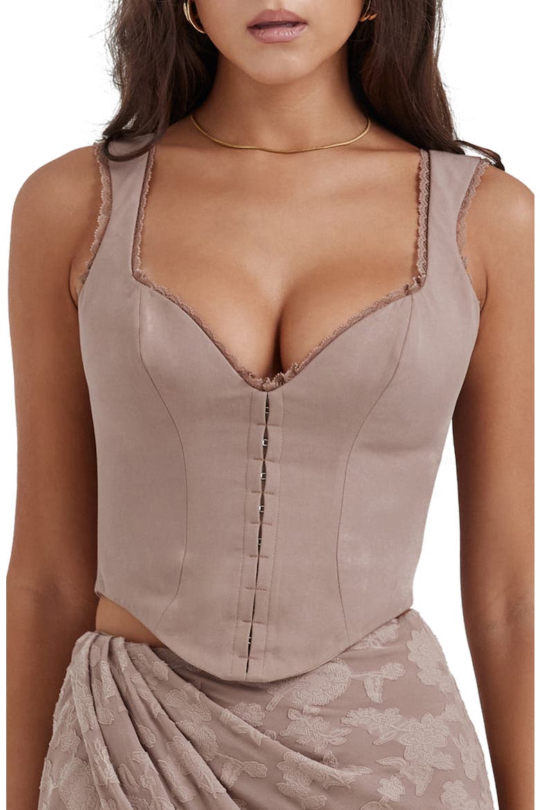Robyn Lace Trim Corset Top, Main, color, MUSHROOM