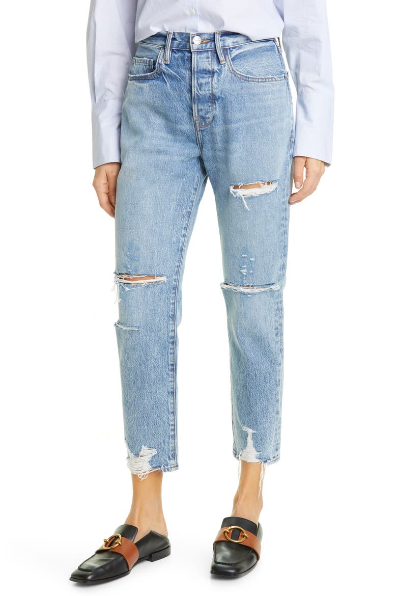 Le Original Ripped High Waist Ankle Boyfriend Jeans, Main, color, CASCADE BLUE RIPS