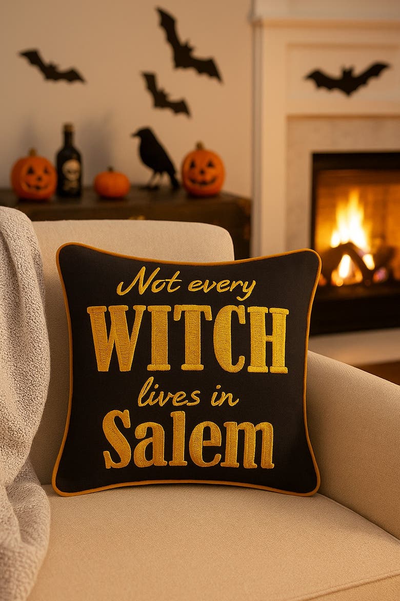 Not Every Witch Lives In Salem 10" x 10" Halloween Accent Pillow, Alternate, color, Black