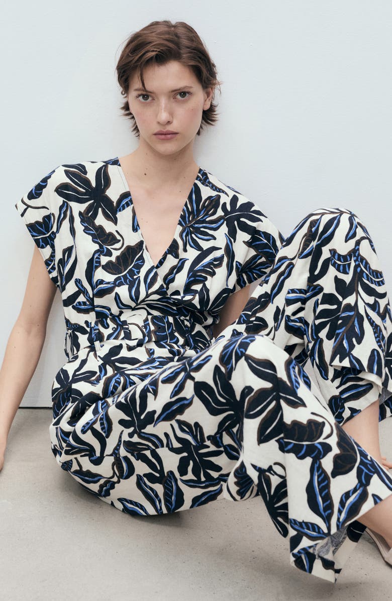 MANGO Print Wide Leg Linen Blend Jumpsuit, Alternate, color, Blue