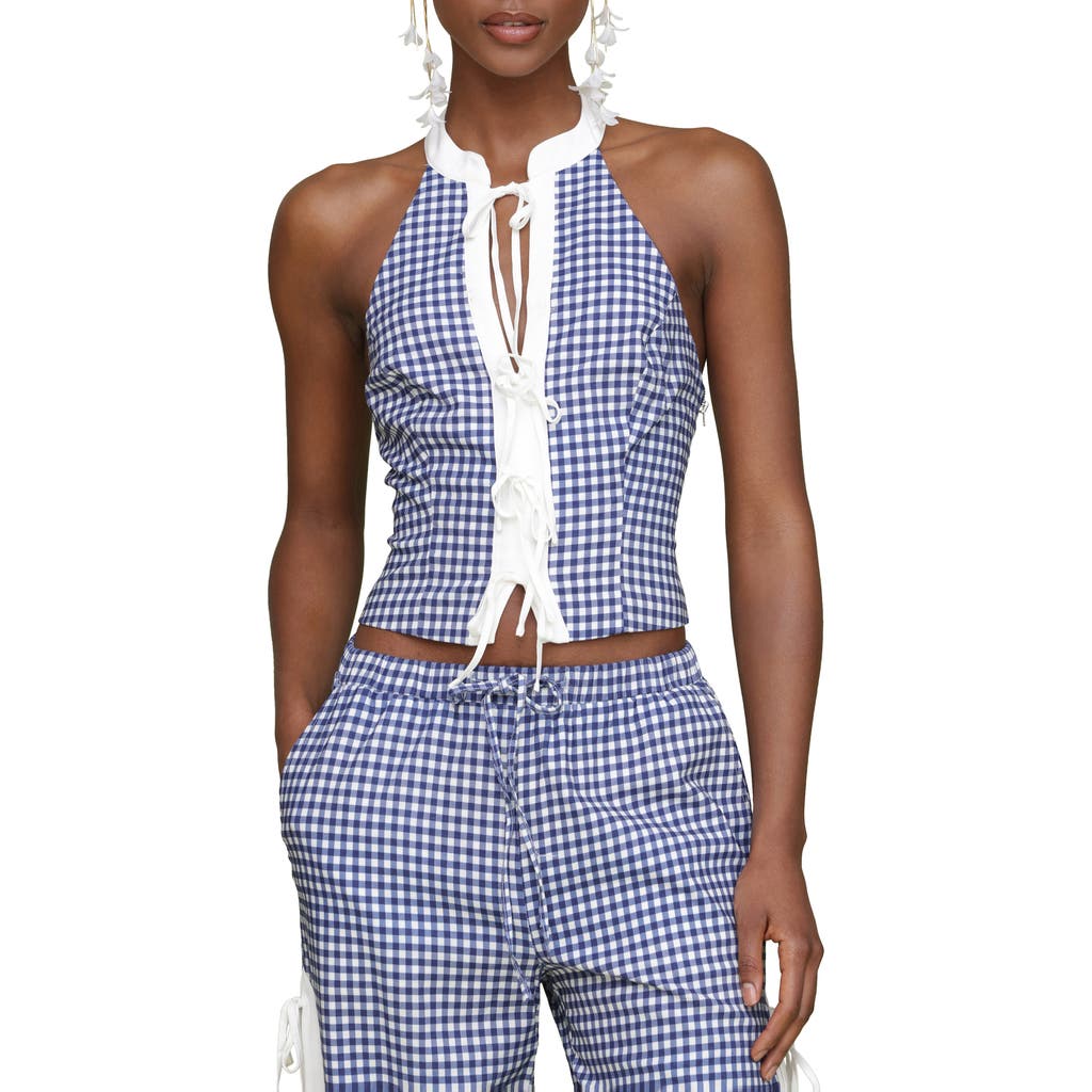 Shop Avec Les Filles Gingham Halter Top In Navy-white Gingham