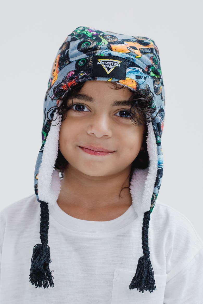 Fleece Beanie with Ear Flaps, Alternate, color, Monster Jam Charcoal