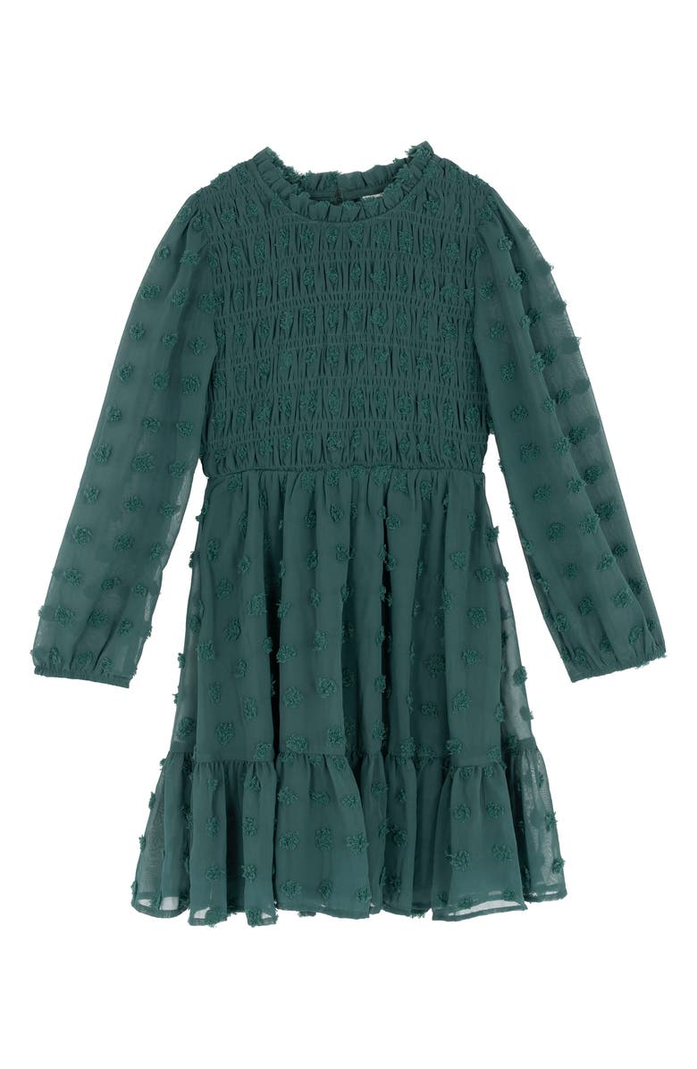 Rare Editions Kids' Clip Dot Chiffon Smocked Dress, Main, color, Hunter