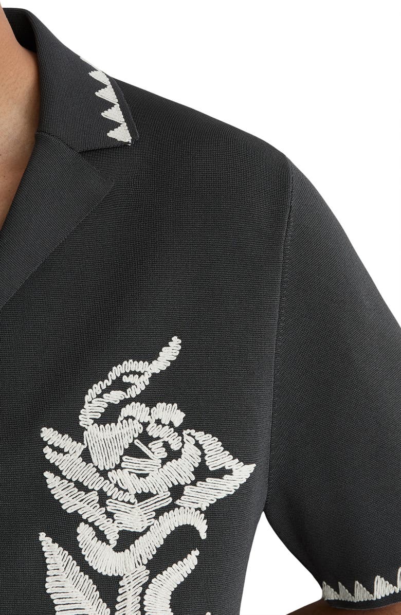 Reiss Folia Floral Embroidered Knit Camp Shirt, Alternate, color, Anthracite Grey