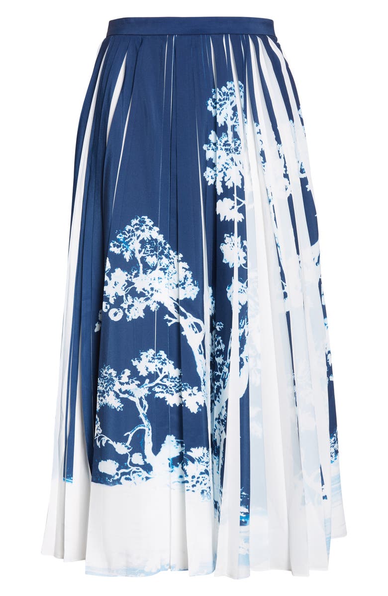 Erdem Pleated Crêpe de Chine Midi Skirt, Alternate, color, Cyanotype Etching Navy