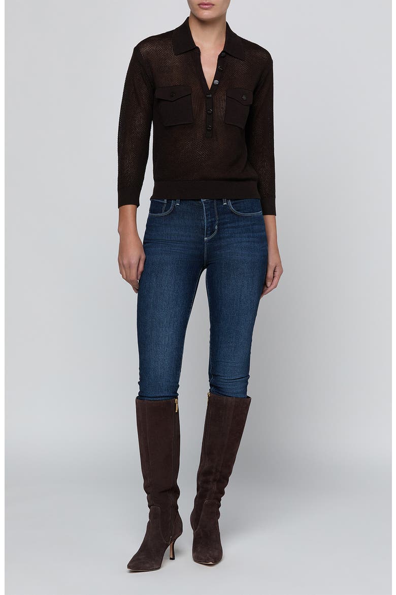 Carine Pointelle Polo Sweater, Alternate, color, COFFEE BEAN
