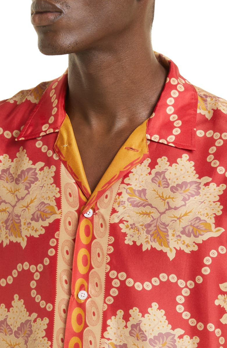 Bode Coral Bells Short Sleeve Silk Button-Up Camp Shirt, Alternate, color, 