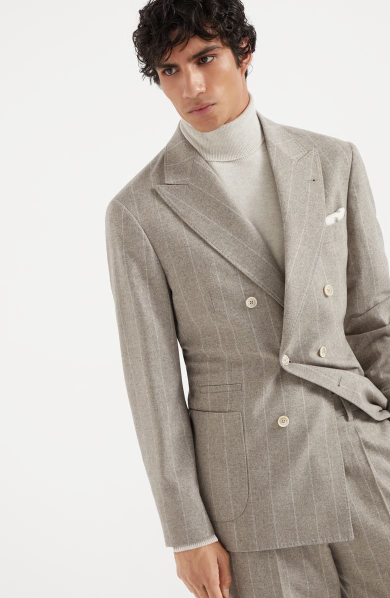 Brunello Cucinelli Wool and cashmere wide chalk stripe combed flannel one-and-a-half breasted deconstructed blazer with patch pockets, Alternate, color, 