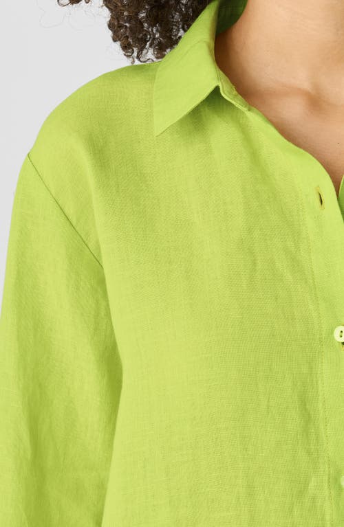Eileen Fisher Classic Collar Organic Linen Long Button-up Shirt In Chartreuse