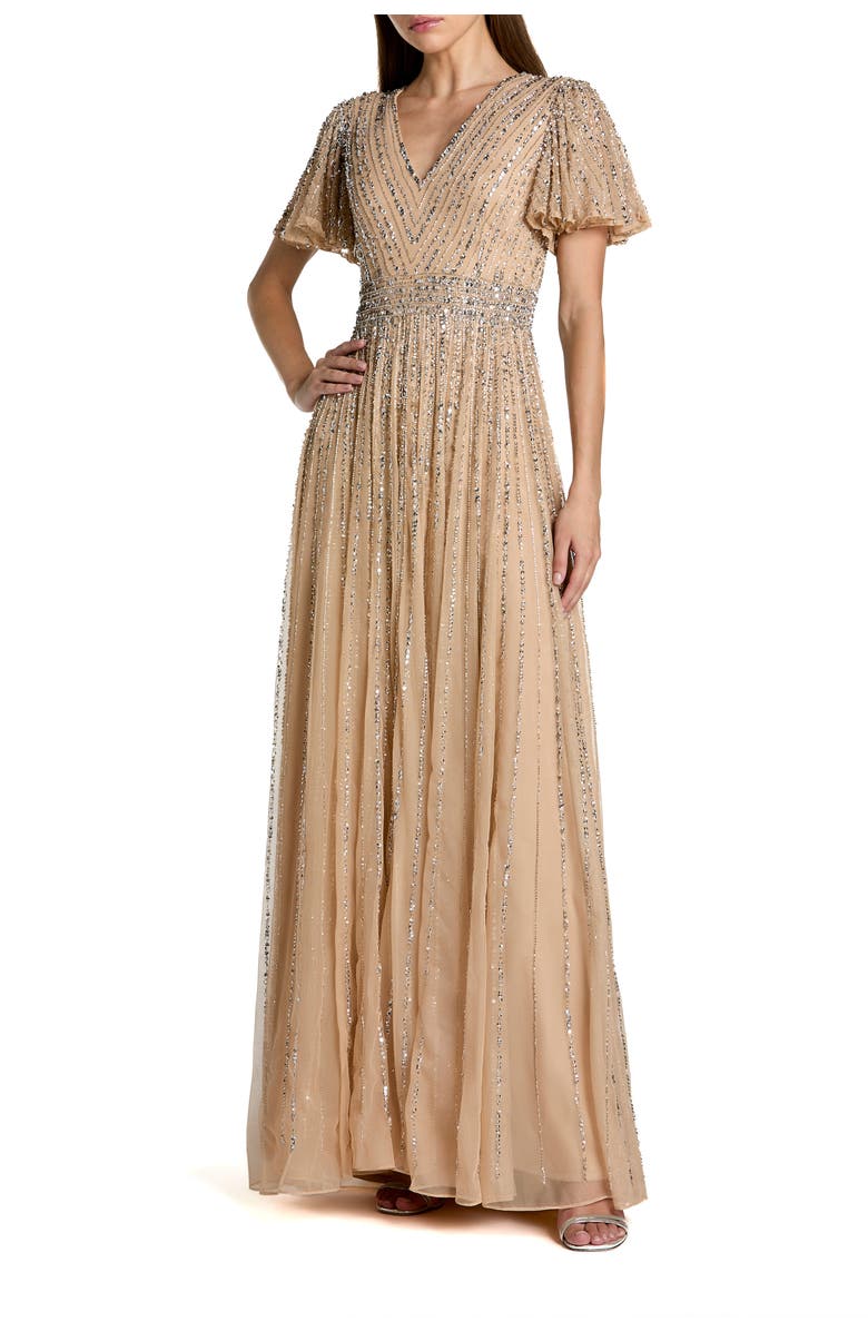 Mac Duggal Hand Embellished V-Neck Flutter Sleeve Gown, Main, color, Nude Silver