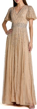 Mac Duggal Hand Embellished V-Neck Flutter Sleeve Gown