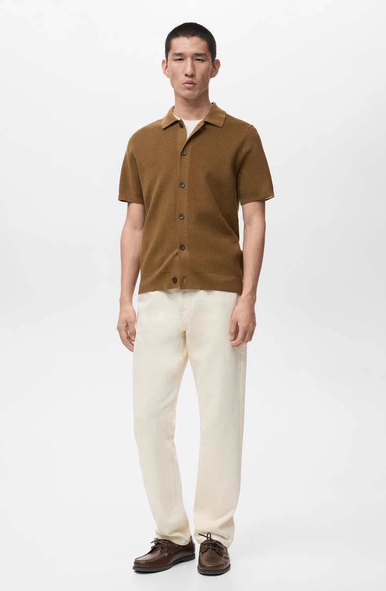 MANGO Short Sleeve Knit Button-Up Shirt, Alternate, color, Tobacco Brown