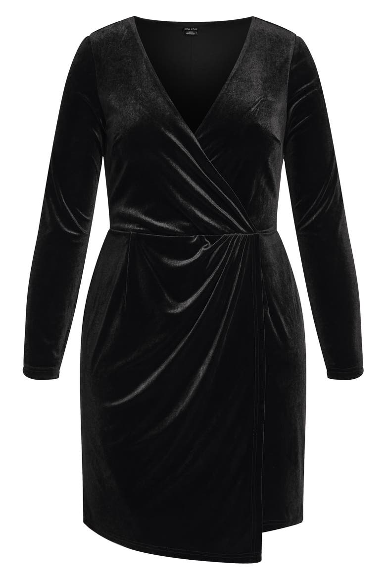 Wrap Bodice Long Sleeve Velvet Dress, Alternate, color, BLACK