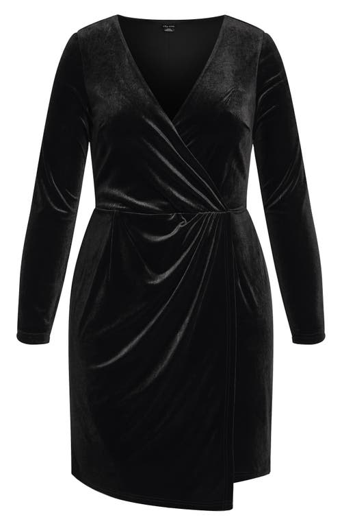 City Chic Wrap Bodice Long Sleeve Velvet Dress In Black